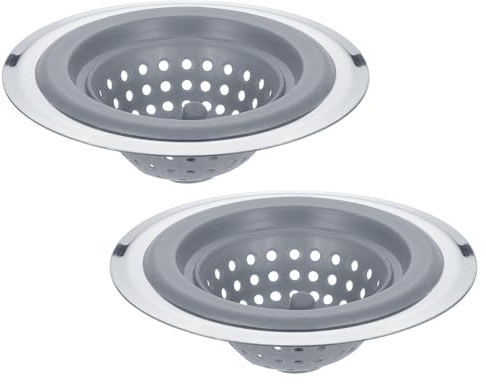 sourcing map Silicone Sink Strainer, 2Pcs Kitchen Sink Drain Strainer Stopper with Detachable Stainless Steel Edge 4.4 Diameter Rim, Grey