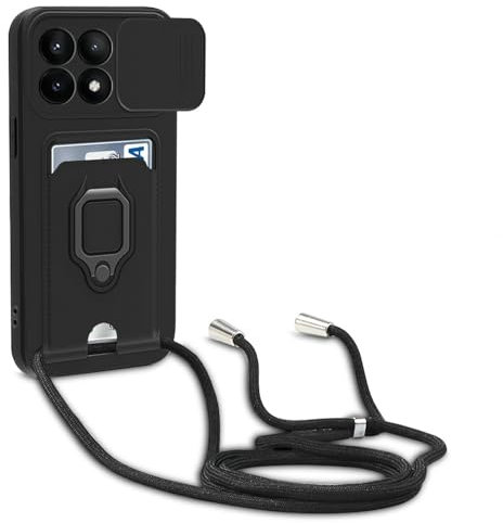 Dllatui Funda Compatible con Xiaomi Poco X6 Pro 5G/Redmi K70E 5G,Cuello Cordón Carcasa Silicona Suave,Ranura con Tarjetas,Carcasa Cubierta cámara Deslizante Proteger, Anillo Soporte (Negro)