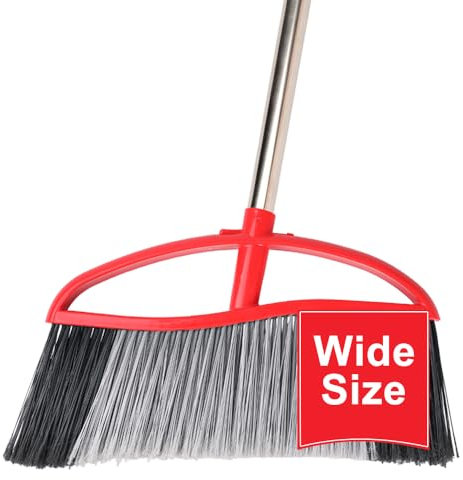 Outdoor Heavy Duty Broom, 15.7'' Wide With Long Handle, Angle Stiff Bristles for Yard, Garden, Garage, Patio (Red)