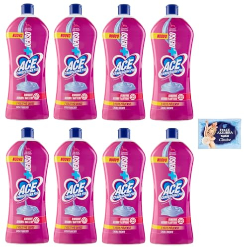8x Ace Candeggina Più +Denso Armonie Floreali - igienizza superfici e bucato in profondità - Bottiglia Squeeze 1Lt + 1 Confezione di Talco Felce Azzurra in omaggio, Busta da 100g