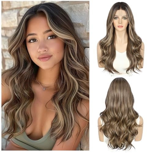 Sapphirewigs Braune Perücke Lace Front 13x4 Highlight Synthetische Perücken Körper Welle Lace Front Haare Vorgezupfte Tägliche Wear Party Datum Weihnachten 22 inch