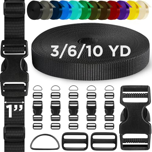 TECEUM 25mm Nylon Strap Kit with Buckles, 5m Black Fabric Tape | Heavy duty DIY sewing kit: 1 webbing (6yds), 6 quick release buckles, 12 tri-glide slide clips, 6 metal D-rings for craft