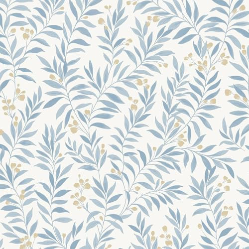 Maison Floral Trail Blue Wallpaper - Flowers Leaves Botanical Stylish - Trendy Textured Paste The Wall Vinyl