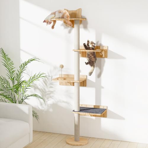Wall Mounted Cat Tree with 2pcs Non-Slip Carpet, Sisal Scratching Post and Cat Shelves Perch with Wood Track Toy Ball, Cat Wall Shelf ClimbingTower for Indoor Middle Large Kitten
