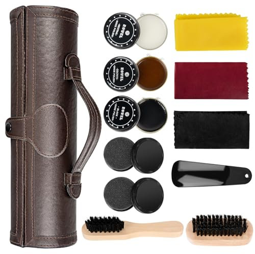 SOXOI Shoe Polish Kit - Luxury Leather Care Set with Horsehair Brush & Wooden Applicator | 12PCS Cleaning Shine Care Barrel Set | Portable Travel Case Included for Brown/Black Shoes