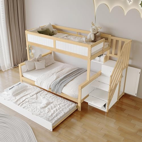 Merax Etagenbett Kinderbett 90x200 & 120x200 cm für 3 Kinder, Hochbett mit Ausziehbett & Stauraum Treppe & Kleiderschrank & Regal, Funktionsbett Stockbett mit Rausfallschutz, Jugendbett, Weiß&Natur