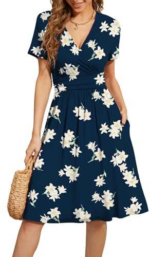 Actcat V-Ausschnitt Kleid Kurzarm Casual Kleider Sommerkleid mit Taschen | mit Taschen,Wrap,Elegant,a linie,Freizeitkleid,Floral Kleid