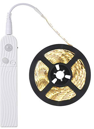 FOLGEMIR 1,5m LED Band mit Bewegungsmelder, Batterie betriebene Nachtlicht mit PIR-Sensor, wasserdichte Schrank Beleuchtung, Lichterkette selbstklebend (3000K Warmweiß, 1,5 Meter)