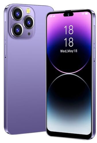 JtQtJ J15Pro Max Cheap Mobile Phones, Android OS with 6.5 Inch HD Display, Dual SIM, Dual Cameras, 16GB ROM (Expandable to 128GB), WiFi, Face ID Cell Phone (Purple)