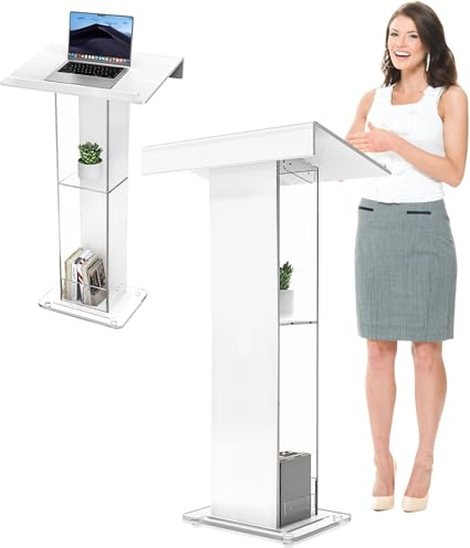Vakiorn Acryl-Rednerpult, 115cm Komforthöhe, 10 mm Dicke, Transparent mit Ablagefächern, Wasserdicht, Kanzel für Kirchen Stand für Klassenzimmer, Konferenz, Hochzeit und mehr