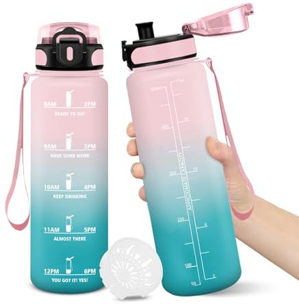 Botella Agua, 500ML Libre de BPA, Botella Agua Gimnasio, Diseño de Cerradura a Prueba de Fugas, Botellas de Agua, Con Marca de Tiempo, Botellas de Agua Para Niños para Escuela, Deportes - RosaCian
