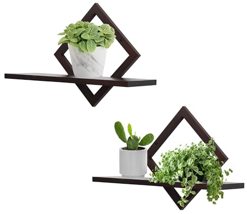 Schweberegale für die Wand,dekoratives Wandregal,hängendes Regal für Pflanzen,Aufbewahrung und Präsentation,Innenraumdekoration für Wohnzimmer,Zuhause,Büro,Massivholz,Diamantform,2er-Set,Walnuss