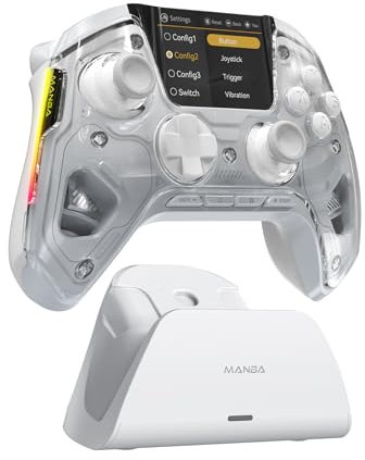 FIEHDUW NO DRIFT ManbaOne Interactive Screen Gaming Controller for PC/Switch/Switch 2/iOS/Android, 1800mAh Hall Effect Controller with LED, Mapping Buttons, Charging Dock (Silver White)