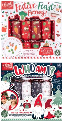 YöL Christmas Crackers Pack of 12 – Who Am I & Festive Feast Frenzy Table Games – 9 Eco-Friendly Crackers with Hats, Jokes & Family Fun for Xmas Dinner Parties
