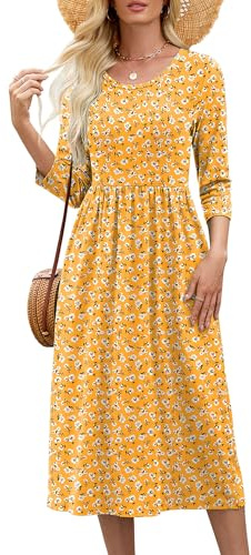 Heymoments Womens Boho Maxi Dresses Yellow Celosia Large Summer Crewneck Three-Quarter Length Sleeves A Line Seasonal Crewneck Floral Flowy Swing Casual Long Dress
