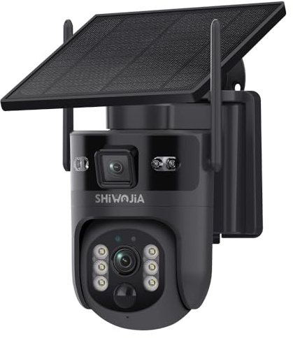 SHIWOJIA 24/7 Recording AOV 4G LTE Solar Security Camera Wireless No WiFi, Dual-Lens Camera Outdoor with 10050mAh Battery 6W Solar Panel, PIR Human Detection, AI Tracking, Color Night Vision, IP66