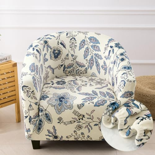 Fasbuy Stretch-Samt Sesselschoner Sesselüberwurf Sesselbezug Sesselhusse für Clubsessel Cocktailsessel, Weich Waschbar rutschfest Sofabezug für Wohnzimmer, Büro, Empfang (Blaues Blumenmuster)