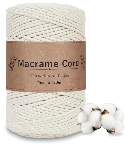 DOBIGER Filo per Macramè 4mm x 170m - Corda Spessa in Cotone Naturale Beige (4 Fili Intrecciati), Perfetta per Arazzi Grandi, Appendiabiti Robusti, Cesti e Decorazioni Fai da Te con Effetto Visivo