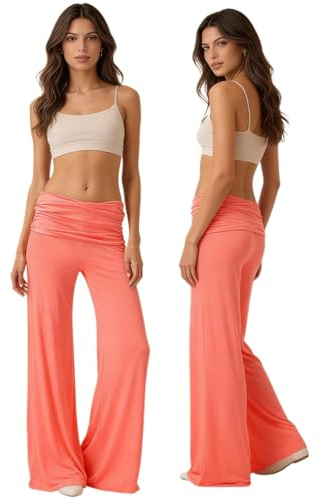 Coral Fold Over Yoga Pants Damen, Weite Lounge Hose Mit Raffung, Loose Fit Uni Corals Pants 2026 Coral Fold-Over-Yogahose,Korallfarbene Faltenhose, Weite Palazzo Hose Mit Hohem Umschlagbund