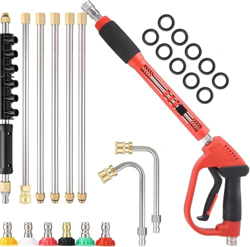 High Pressure Washer Gun with 6 Nozzles and 8 Attachments | (Extension Rods + Curved Rods), 5000 PSI High Pressure Water Sprayer for Car, Home, Patio and Garden Cleaning
