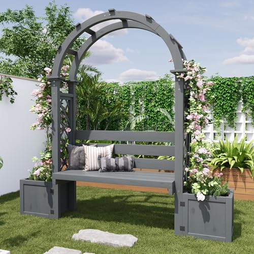 Zenithz Banc de jardin avec jardinière et treillis gris en bois massif - Pour jardin, cour, terrasse, balcon - Forme d'arche - 160 x 30,5 x 160 cm