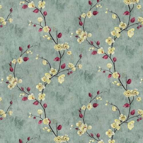 MOBAILUYI Self Adhesive Wallpaper Green Vinyl Wrap for Kitchen Cupboards 44cm X 305cm Sticky Back Plastic Roll,Floral Vintage Removable Peel and Stick Wallpaper for Living Room Bedroom Bathroom