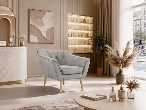 MKS MEBLE Sofa PIRS 1-Sitzer - Skandinavisches Design Couch, Gesteppte Polsterung, Wellenfederung, bequemes Polstersofa für Wohnzimmer - Buche Beine, Hellgrau Velvet