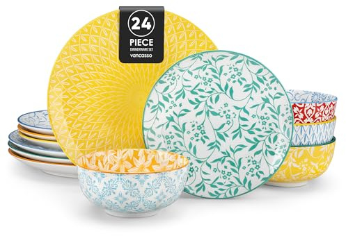 vancasso Selene 24-Piece Colorful Ceramics Plates and Bowls Set for 8 | Floral Patterned Dinner Set Crockery Set with Dinner Plates/Dessert Plates/Cereal Bowls, Mircowave & Dishwasher Safe