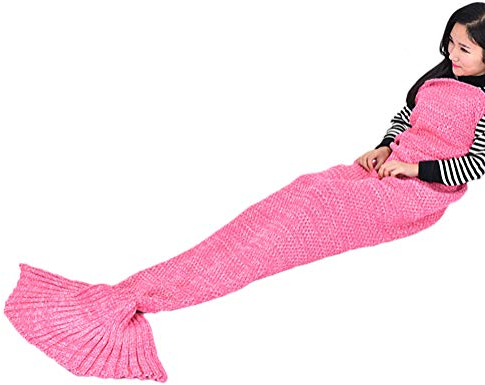 Lazeny Meerjungfrau Decke Kuscheldecke Strickdecke Häkeln Handbuch Decke Wolldecke Tagesdecke Klimaanlage Decke Meerjungfrau Schwanz Blanket Schlafsack Für Erwachsene Geschenk,180x90cm-Rosa