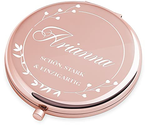 Maverton Klappspiegel mit Gravur - Rosegold - Schminkspiegel mit Vergrößerung - personalisierter Make up Kosmetikspiegel - Reisespiegel für Handtaschen - Geschenke für Frauen - Spiegel rund