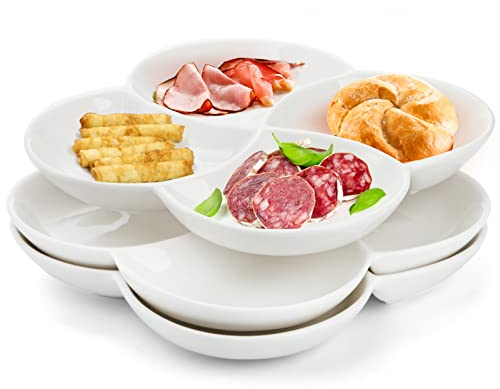 ZENFUN Set mit 3 Vorspeisenplatten aus Porzellan mit 4 Fächern, Blumenförmiges Serviertablett für Süßigkeiten und Nüsse, Snack-Servierteller für Gemüse, Obst, Dessert, 21,6 x 21,6 cm, Weiß