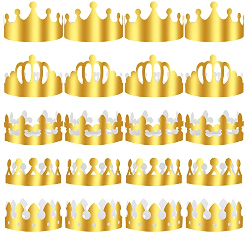 Abeillo 20 Stück Kronen Golden Papierkronen für Kinder, 5 Stile Geburtstagskrone Verstellbarer Papier Partyhüte zum Geburtstag, DIY Party Kronenhut Set für Party Feierlichkeiten