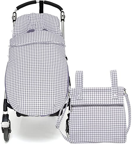 Conjunto de Saco Silla de paseo Universal + Bolso Panera – Conjunto Saco Universal + Talega o bolsa para carrito bordada con nombre – Vichy Gris – Nenel
