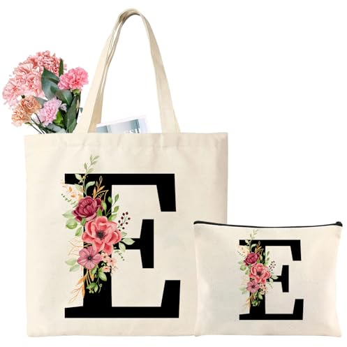Sac Fourre-Tout Initiale Personnalisés, Sac en Tissu Lettre Femme, Sac Toile avec Lettre, Cadeau pour Femme, Amie, Anniversaire, Vacances, Mariage, Fête des mères (E)