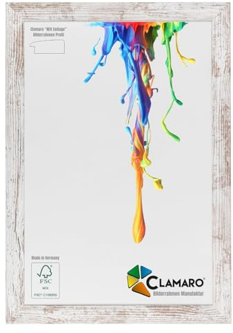 CLAMARO 'Neo Collage' Bilderrahmen 24x34 handgefertigt nach Maß | Vintage Weiss | MDF-Holz Design Holzbilderrahmen inkl. Acrylglas und Metall Aufhänger (Querformat & Hochformat)