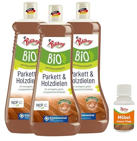 POLIBOY BIO Parkett und Holzdielen Pflege - Pflege & Schutz für geölte, gewachste & lackierte Echtholzböden - mit Pflanzenwachs - Vegan -3x1L(3 L) - Mit Produktprobe - Made in Germany
