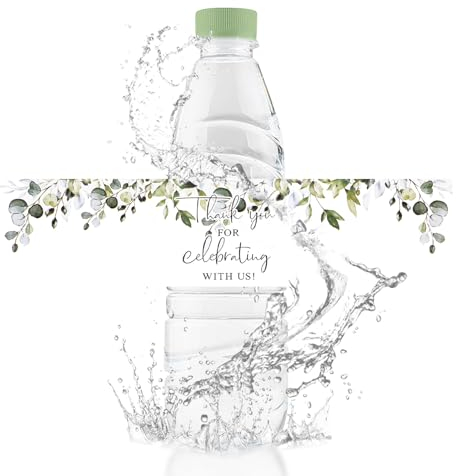 URROMA Wedding Water Bottle Labels, 50Pcs Glossy Greenery Waterproof Wrappers Wraparound Rectangle Label Thank You Stickers for Bridal Shower Birthday