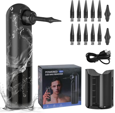 Kit Elettrico per la Rimozione del Cerume, Dispositivo di Irrigazione Auricolare Portatile da 2000mAh, Pulizia Orecchie per Adulti e Bambini con 4 Modalità e 12 Punte Riutilizzabili, Impermeabile IPX7