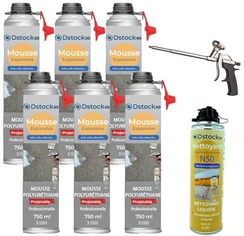 DSTOCK60 – Pack de 6 mousses expansives polyuréthanes projetables 700 ml + 1 pistolet + 1 nettoyant mousse - compatible multi-surfaces - application facile et rapide