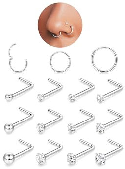 FIOROYAL 18G Nasenpiercing Ring und 20G Nasenpiercing Stecker,Helix Piercings Chirurgenstahl,Clicker Nose Ring,2/2,5/3mm Kugel CZ L Form Nasenstecker Set,Nostril Piercing Schmuck Silber