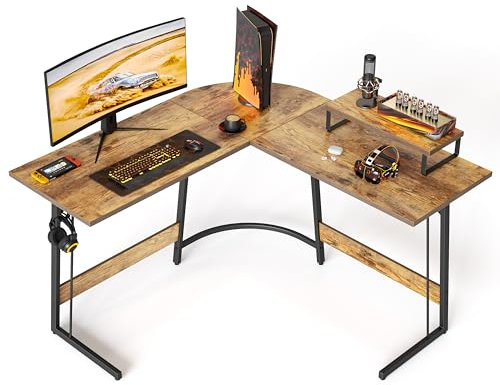 Cubiker L Shaped Gaming Desk Computer Office Desk, 120 cm Corner Table with Large Monitor Stand for Home Office Study Writing Workstation, Rustic Brown