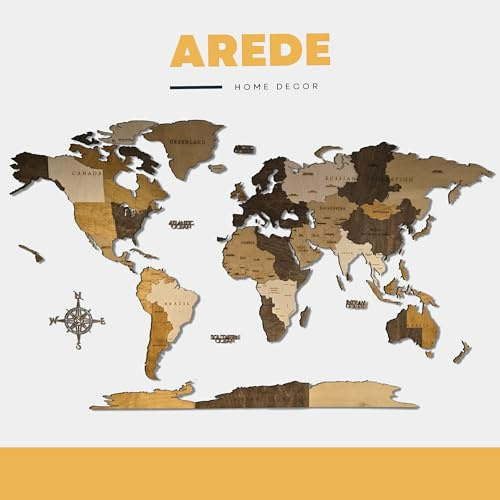 AREDE - Mappa del Mondo in Legno 3D da Parete -120 x 75 cm - Decorazione Murale Moderna per Soggiorno, Ufficio, Camera da Letto - Idea Regalo Originale - Design Elegante con Dettagli Precisi