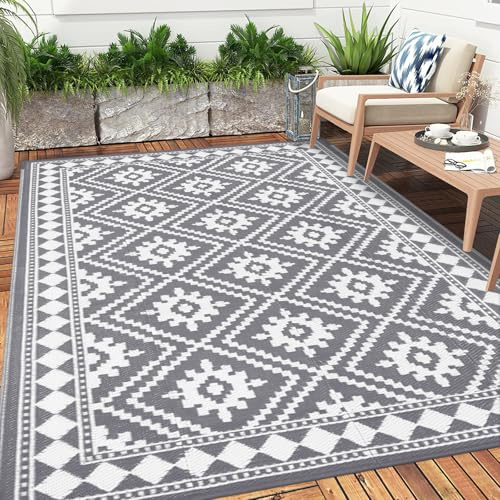 Enyhom Groß Außenteppich 270 x 360 cm, Robuster Flachgewebe Kunststoff Picknickdecke, Wendbarer UV-beständige Campingmatte, Wasserdicht Farbecht Balkonteppich für Outdoor RV Camping, Grau