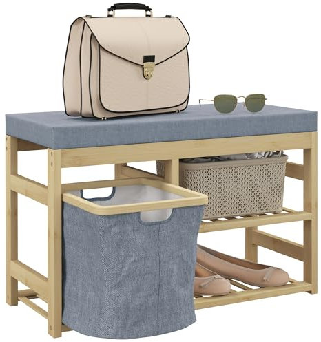 HOMCOM Banco Zapatero de Bambú con Asiento, Cesta Extraíble y Estantes Abiertos para 4 Pares de Zapatos - Mueble para Entrada, Recibidor, Pasillo 69x30x45 cm Natural