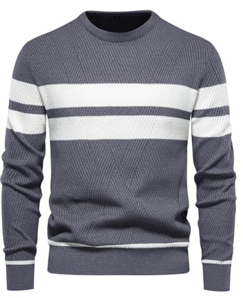 LUVCES Pull Homme Décontracté col Ras du Cou à Blocs Couleurs pul Rayé Manches Longues Tenue Quotidienne Pull Tricoté