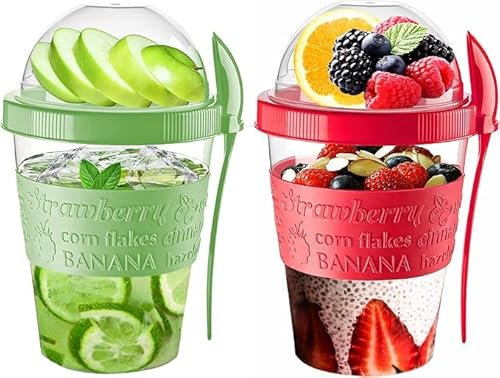 Pro Home Yoghurt Pots With Lid & Spoon Airtight Dishwasher Safe BPA Free Leak-Proof Muesli Cereal Cups Overnight Oats Jar Storage On The Go Yogurt Container (Red & Green)