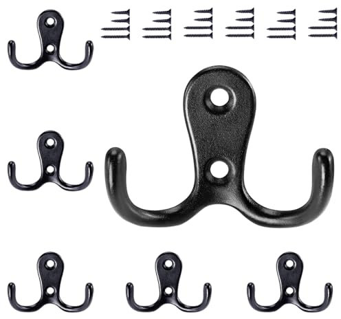 Gorffy Kleiderhaken Schwarz, 6 Stück Garderobenhaken Vintage mit Schrauben, Metall Doppelhaken Wandhaken, Kleiderhaken Wand für Bad, Küche (Schwarz, 6 Stück)