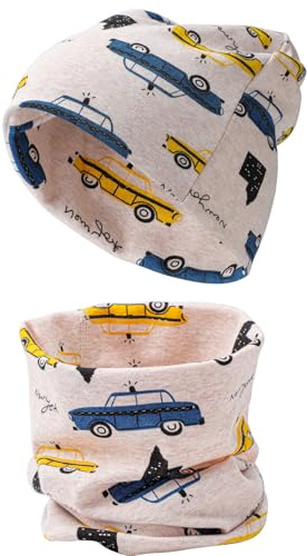 Fjquamitix Mütze und Schal Set für Kinder,Baumwolle Kindermütze&Schlauchschal Mädchen und Jungen,Süße und Bequeme Kopf und Halstwärme Kombination (Geschäftige Auto)