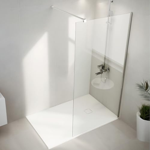 AQUARA Shower Screen with Shower Tray, 8mm Toughened Glass Shower Door with Support Bar, Reversible, 800mm Shower Glass with 1200 x 800mm Tray, Chrome with White