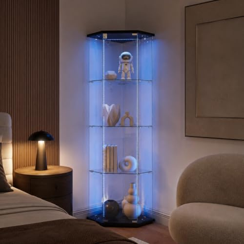 Vitrine d'angle en verre avec éclairage LED, vitrine en verre, à poser sur pied, 1 porte, 4 étages, vitrine de collection, vitrine pentagonale, pour livres, salon (noir, 1 porte, barre lumineuse LED à